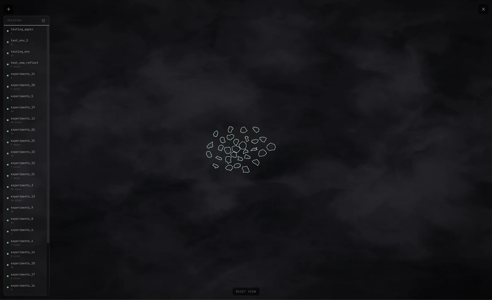 Reflector galaxy view: session centroids in a navigable 3-D space